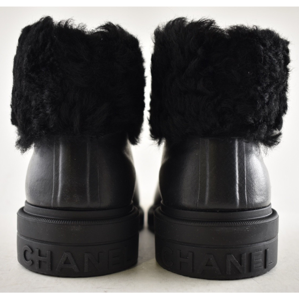 Chanel 24K Black Sheep Shearling Fur Rubber CC Low Top Short Ankle Rain Boots 42 - Picture 15 of 16